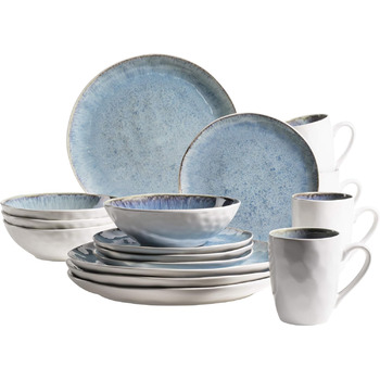 Заморожений набір керамічного посуду серії MSER для 4 осіб, комбінований сервіз із 16 предметів з органічними формами, кольоровий сервіз, керамограніт (синій)