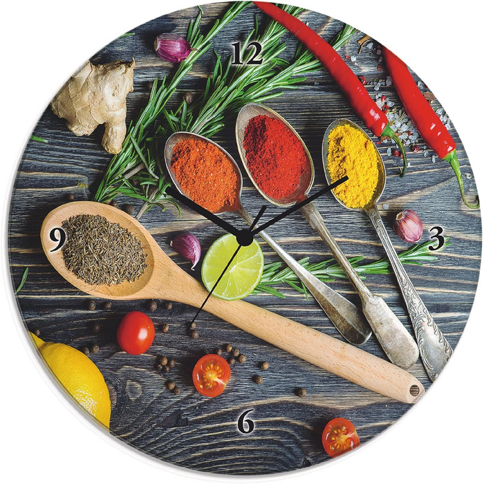 Настінний годинник без цокання Скло Ø 30 см Круглий Безшумний Фрукт Фрукти Апельсин у воді Фрукти Сучасна їжа T5UI (суміш спецій, кварцовий годинник)