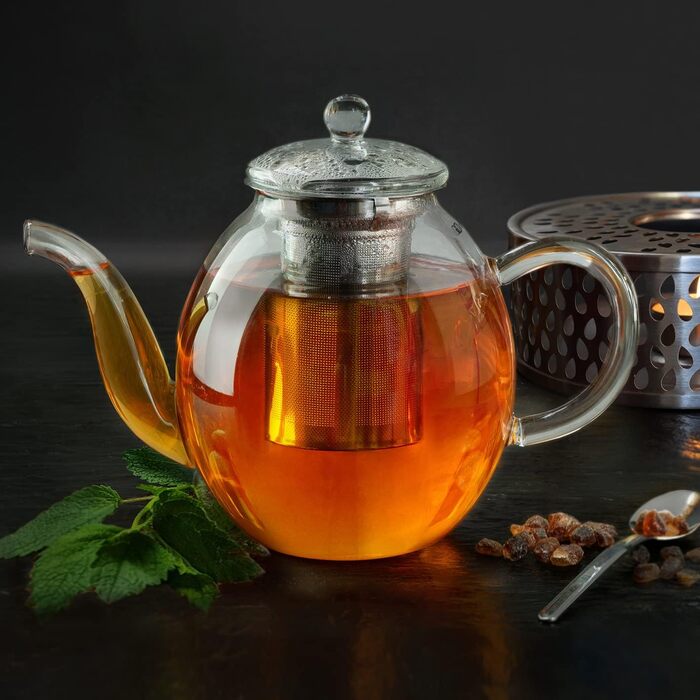 Чайник из Creano glass с крышкой для чая 500 мл из чайных цветов, чайных роз и листового чая, а также чайных пакетиков качественный, термостойкий (1 л)