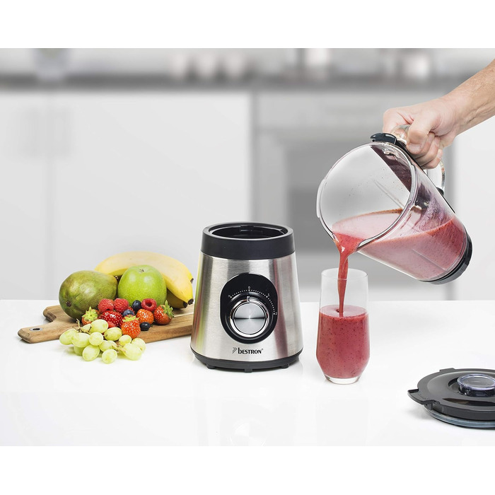 Блендер Bestron, з двома режимами швидкості та імпульсною функцією, контейнер можна мити в посудомийній машині, 500 Вт, 1,5 літра, колір (сріблястий)