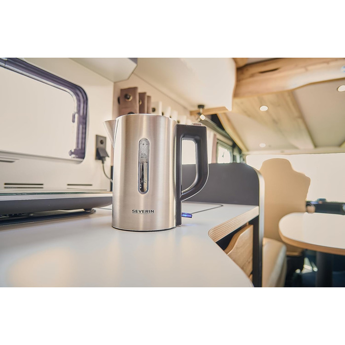 Набір дорожніх чайників SEVERIN, міні-туристичний чайник на 0,5 л, електричний чайник з 2 пластиковими чашками та 2 ложками, матова нержавіюча сталь/чорний, WK 3647 матова нержавіюча сталь