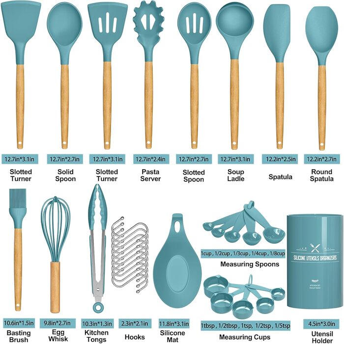 Набір кухонного приладдя Umite Chef, з антипригарним покриттям, силікон, кухонне приладдя, набір лопаток з тримачем, дерев'яна ручка, термостійкий силікон, 24 шт. и (синій)