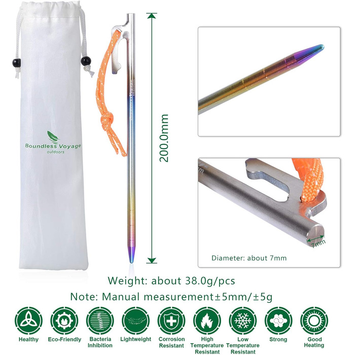 Кілочки з титанового сплаву 7 мм Надміцні цвяхи для намету Барвисті шліфовані цвяхи Міцні кемпінгові шпильки Садові кілки Кілочки для кемпінгу Тент Туристичний брезент 20 см / 24 см / 30 см / 35 см / 40 см 6 / 8 шт. / лот Ti4013P (20 см 6 шт. / лот Ti4013