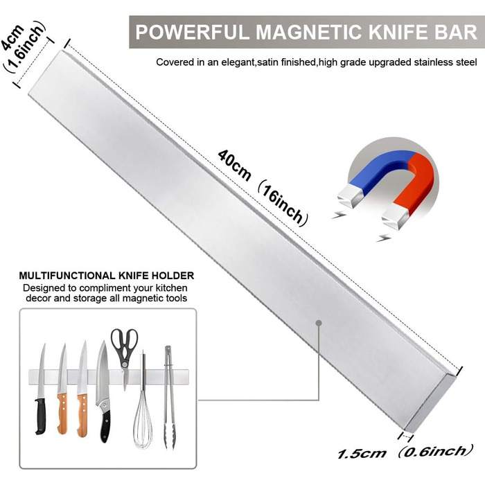Магнітний тримач для ножів 40 см, нержавіюча сталь Ninonly