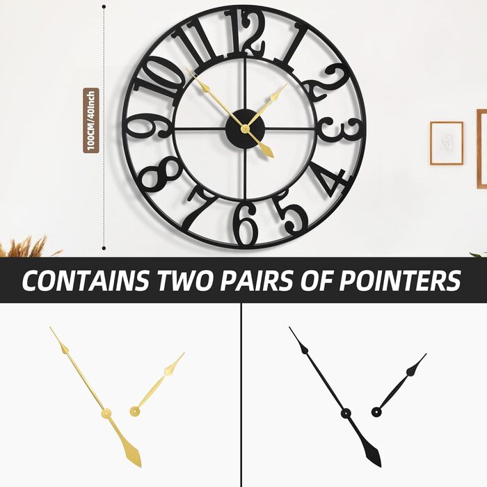 Великий круглий металевий настінний годинник у вінтажному стилі, безшумний, без цокання, на батарейках, 40 см, 16 дюймів, римські цифри для вітальні, спальні, кухні, настінний годинник-прикраса (чорні арабські цифри, 100 см)