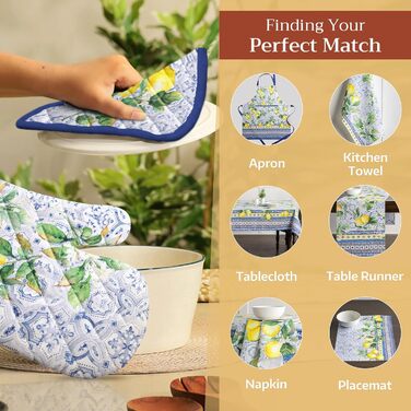 Рукавички для духовки Maison d&39 Hermine, Прихватки для каструль, 100 бавовна, термостійкі кухонні рукавички, рукавички для духовки (19 x 33 см) та прихватки для каструль (20 x 20 см) для приготування їжі, Morzine - Рукавички для духовки (19 x 33 см) та 