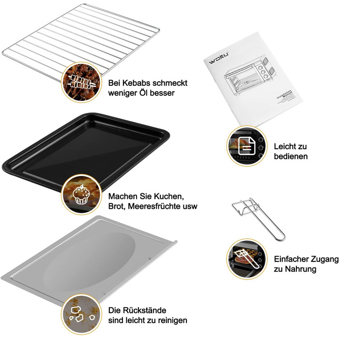 Міні-піч WOLTU 28 л, піч для піци 1600 Вт, 100-230 C, таймер 0-60 хв, 3 режими нагріву, включаючи деко, решітку для гриля, піддон для крихт, підйомник решітки, міні-піч для випікання, запікання, розморожування, нагрівання, чорний колір