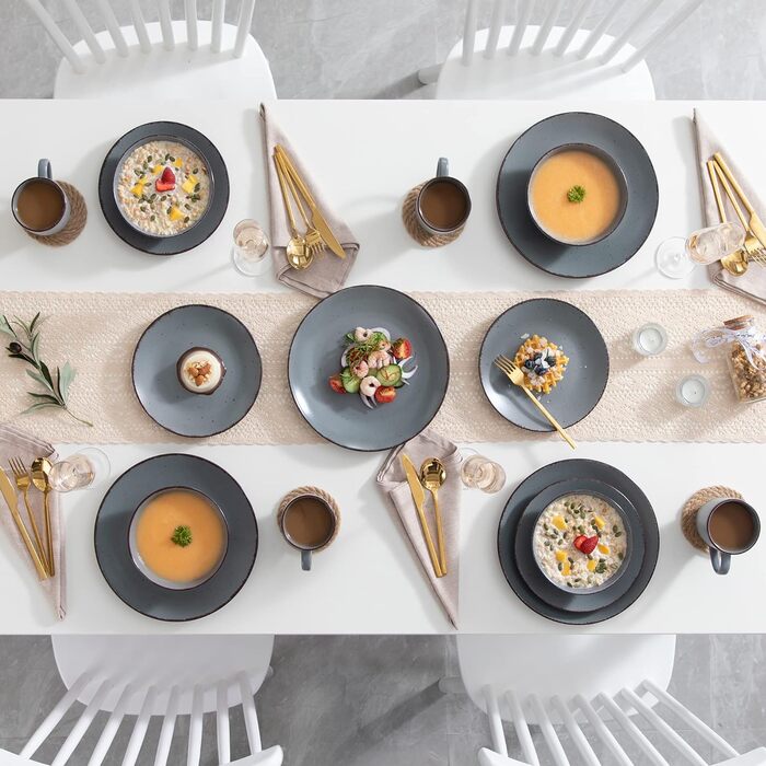 Столовий сервіз з керамограніту, набір посуду vancasso MODA, вінтажний вигляд, комбінований сервіз із 40 предметів з 8 обідніми тарілками, тарілками для тортів, суповими тарілками, мисками та чашками кожна (сірий, комбінований сервіз 20 шт. )