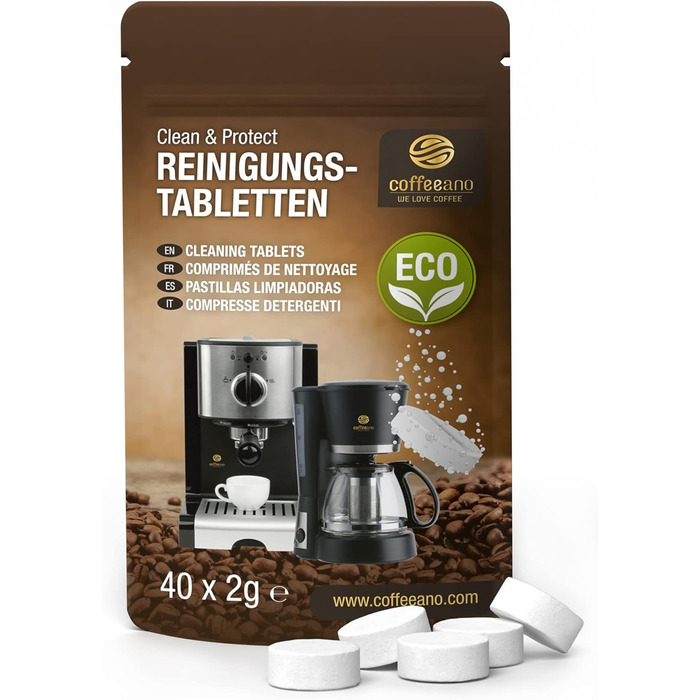Таблеток для чищення повністю автоматичних кавоварок Jura, Siemens, серії EQ, Delonghi, Krups, Bosch, Miele, Melitta, WMF - таблетки для чищення Coffeeano для всіх типів і марок кавоварок, 250 таблеток (1 упаковка) (ECO, 40 таблеток (1 упаковка)), 250