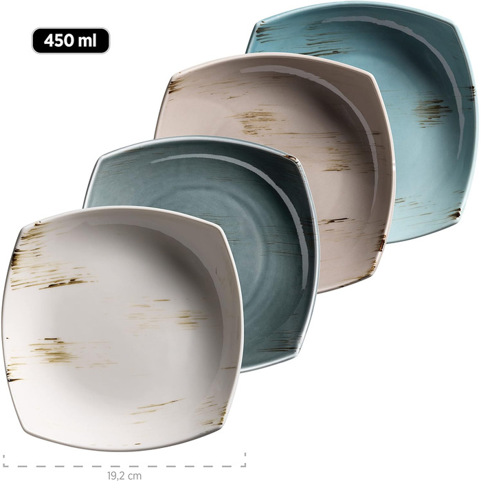 Серия MSER 931448 Derby, набор посуды премиум-класса с квадратными тарелками на 4 персоны гастрономического качества, современный комбинированный сервиз из 16 предметов в ярких пастельных тонах, прочный фарфор комбинированный сервировочный квадрат