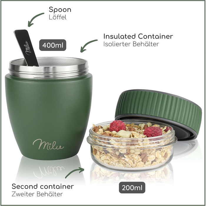 Стаканчик для пластівців Milu 400 мл з назвою MsliMax для йогурту герметичний стаканчик з ложкою (оливково-зелений, нержавіюча сталь)