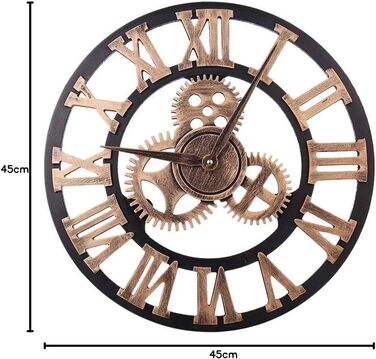 Великий круглий металевий настінний годинник у вінтажному стилі з безшумним нецокаючим годинником на батарейках 40 см, 16-дюймовий римський номер, годинники для вітальні, спальні, кухні, настінний годинник-прикраса (золота шестерня, 47 см)