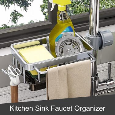 Тримач для губки для кухонного змішувача - Багатофункціональний органайзер для раковини Кошик для зберігання губок, рушників для посуду та щіток Міцний дизайн з алюмінію та ABS-пластику Ідеально підходить для зберігання у ванній кімнаті (сріблястий)