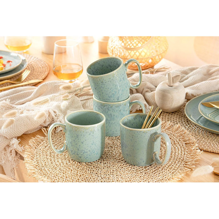 СПІВАЧКА Набір кавових чашок з блюдцем Maya 8 шт. , кавовий сервіз на 4 особи, набір фаянсових чашок м'ятно-зелений з синім градієнтом, кавовий посуд сучасний & можна мити в посудомийній машині 230 мл (кавова кружка 4 шт.)