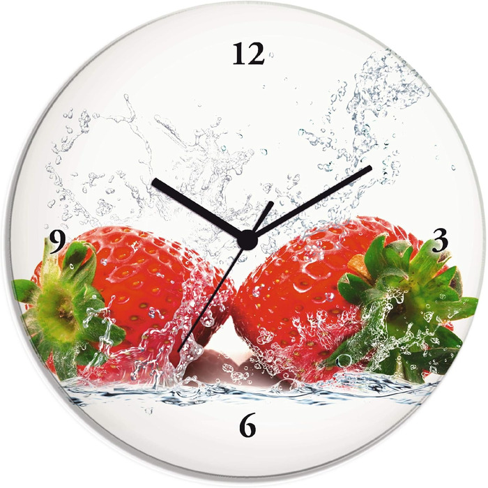 Настінний декоративний годинник без цокання скла Ø 30 см круглий безшумний фрукт апельсин у воді фрукти сучасна їжа T5UI (полуниця з бризками води, кварцовий годинник)