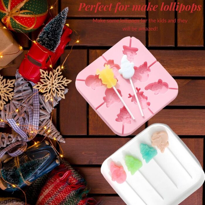 Силіконова форма для шоколаду - 8 отворів, ялинка, олень, сніговик та Санта-Клаус, форми для льодяників на паличці для домашнього шоколаду, цукерок, желе, з 20 паличками (1 упаковка)