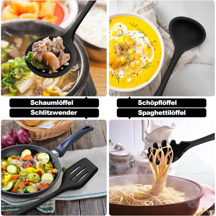 Набор кухонных гаджетов Herogo, набор силиконовой кухонной утвари из 22 предметов с держателем для посуды, термостойкие кухонные столовые приборы Кухонная утварь, здоровая и с антипригарным покрытием, можно мыть в посудомоечной машине, черный