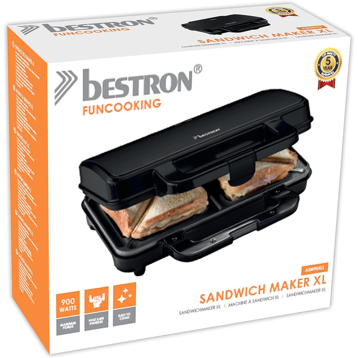 Бутербродница Bestron XL, тостер для 2 бутербродов с антипригарным покрытием на 2 бутерброда, вкл. автоматический контроль температуры и индикатор готовности, 900 Вт, цвет черный/ (черный)