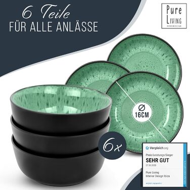 Керамогранітні глибокі тарілки ТЕСТ ДУЖЕ ХОРОШИЙ Серія Ibiza Тарілки для макаронів Noble, тарілки для супу Deep стильні тарілки для пасти 6 персон - Набір посуду 6 персон, обідні тарілки, набір посуду Black with (миски (6x), шавлія зелена), 6 шт.