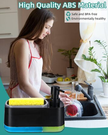 Кухонний набір з дозатором рідини для миття посуду, кухонний дозатор для мила з лотком і тримачем для губки, засіб для миття багаторазового використання, підходить для кухонної мийки (дозатор для мила 3 в 1 чорний)