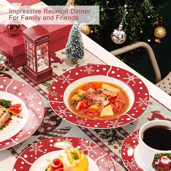 Серія 30-предметний порцеляновий різдвяний набір посуду на 6 осіб, різдвяний кавовий сервіз на 6 обідніх тарілок, 6 десертних тарілок, 6 супових тарілок, 6 кавових чашок та 6 блюдець (Санта Клаус-1, обідній сервіз на 30 предметів)