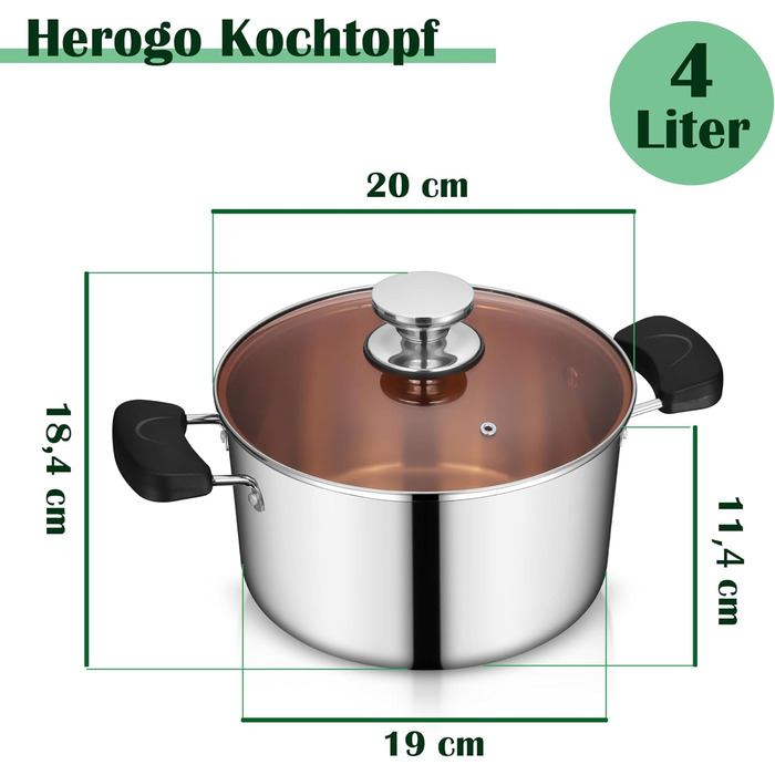 Каструля Herogo Cooking Pot, каструля з нержавіючої сталі зі скляною кришкою, 5-літрова каструля для пасти для всіх плит, міцна та здорова, можна мити в посудомийній машині (1,20 см)