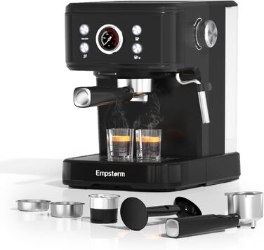 Кавомашина Empstorm з портафільтром для еспресо та піноутворювачем, еспресо-машина на 20 барів з портафільтром, еспресо-машина 2 в 1 для порошку та капсул, резервуар для води 1,5 л, кавоварка з портафільтром, білий (чорний)