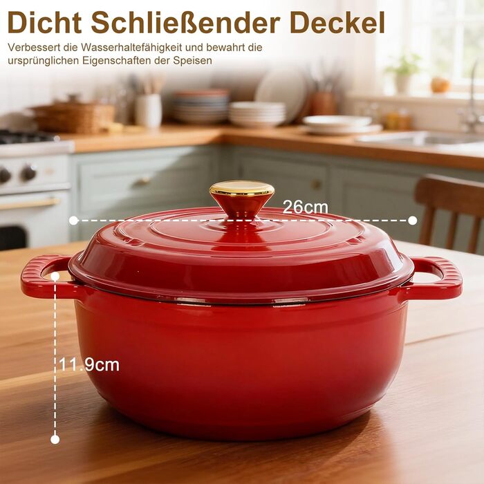 Чавунна жаровня 4,7 л з кришкою 26 см, червона LEADZM