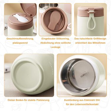 Стаканчик для пластівців Chedin з кришкою, стаканчик для каші з нержавіючої сталі 730 мл, герметичний стаканчик для йогурту з ложкою та кришкою, двошарові герметичні банки для консервування, ідеально підходять для роботи (рожевий зелений)