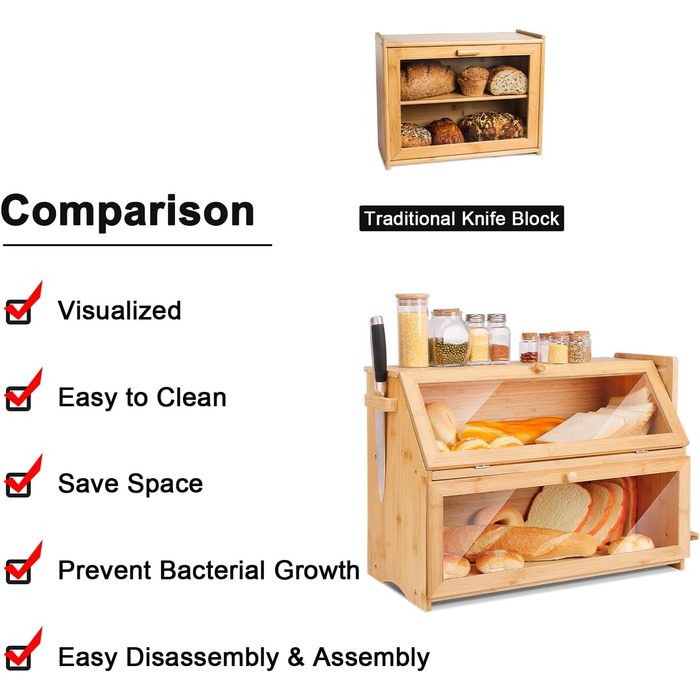 Хлібниця Leader Accessories з бамбука, 2-ярусна, для безпечного зберігання хліба, легкий догляд, 39x25x32 см, чорна (39x25x32 см/15,3&39x9,8&39x12,6&39) (бамбук (50x25x37 см/19,7&39x9,8&39x14,5&39))