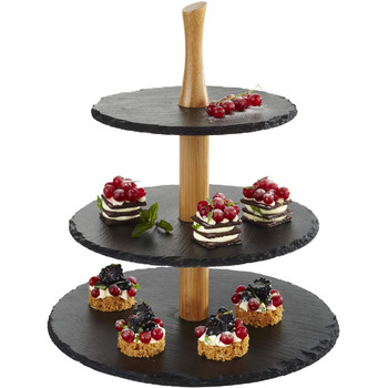 Ярусна підставка для торта, шиферні верхівки, Ø 30 см, Ø 25 см, Ø 20 см, В34 см, деревина акації Підставка для торта 3 ступені - кругла, 3-