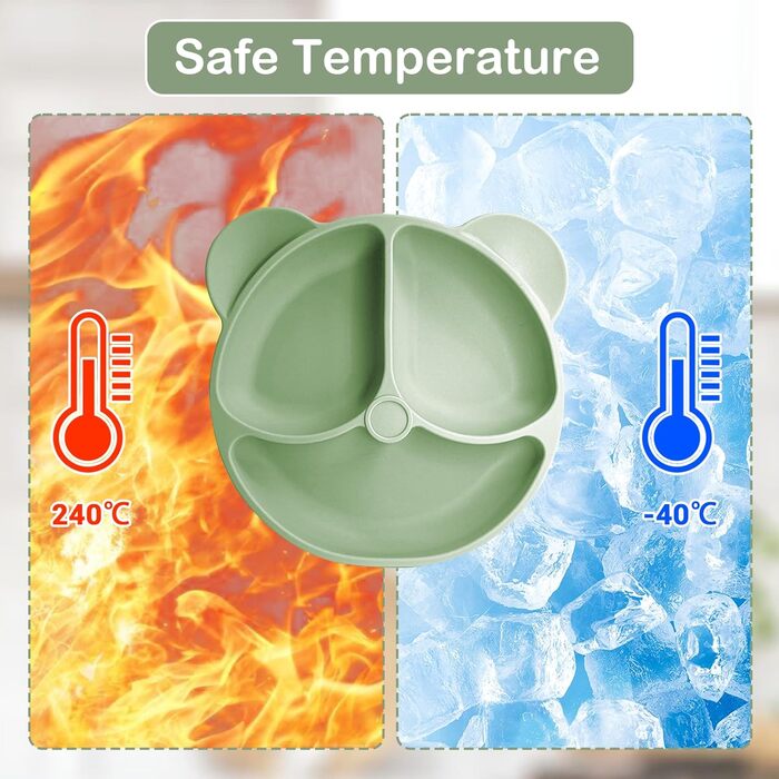 Силіконовий набір дитячого столового посуду Bizcasa з 9 предметів, нековзкий набір дитячого столового посуду, дитячий столовий посуд із присоскою, нековзна дитяча миска, дитяча тарілка, дитячий набір столових приборів для малюків, без BPA (темно-зелений)