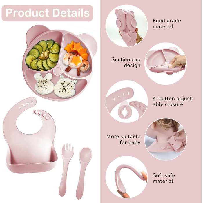 Силіконовий набір дитячого столового посуду Bizcasa з 9 предметів, нековзкий набір дитячого столового посуду, дитячий столовий посуд із присоскою, нековзна дитяча миска, дитяча тарілка, дитячий набір столових приладів для малюків, без бісфенолу А (світло-