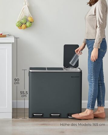 Кухонний контейнер для сміття SONGMICS, 3 x 18 л, система розділення сміття з 3 відділеннями, включаючи 15 мішків для сміття, відро для сміття, відро для сміття на педалі, для перероблених відходів, органічних відходів, з кришкою, LTB54BK (зелено-сірий)