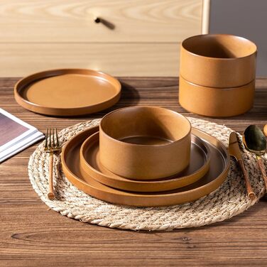 Набір посуду LeRatio для 6 осіб, 18-предметний набір керамічного посуду, керамічна миска та тарілка, стійкі до подряпин (18-предметний набір, бурштиновий)