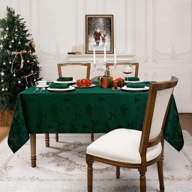 Маленька різдвяна скатертина Romanstile, яку можна прати та вона водовідштовхувальна, жакардові олені та ялинка, квадратна скатертина для журнального столика, святкова, подарункова (150 x 300 см, темно-зелена)