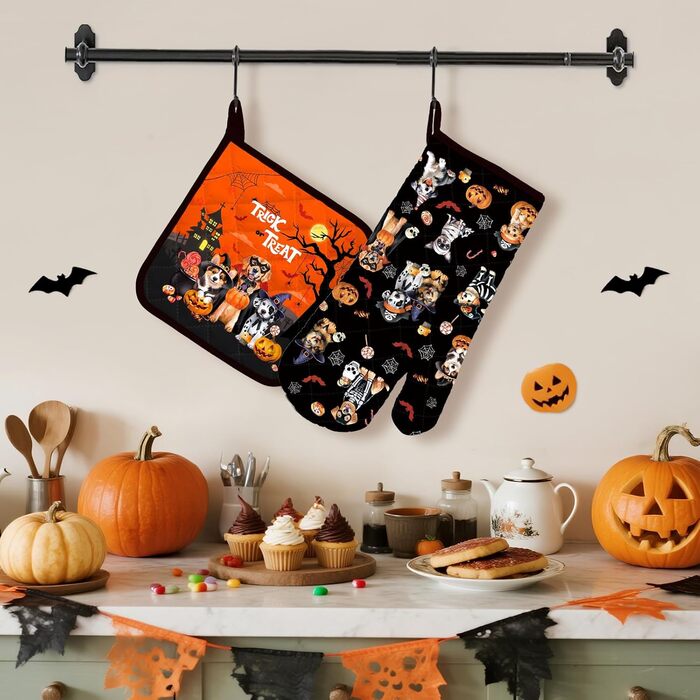 Різдвяний набір із 2 рукавичок для духовки та підставок для каструль Arquiel, 100 бавовняні кулінарні рукавички, термостійкі кухонні рукавички для приготування їжі, різдвяні подарунки на кухню для жінок (Хелловін 02, рукавички для духовки підставки для ка