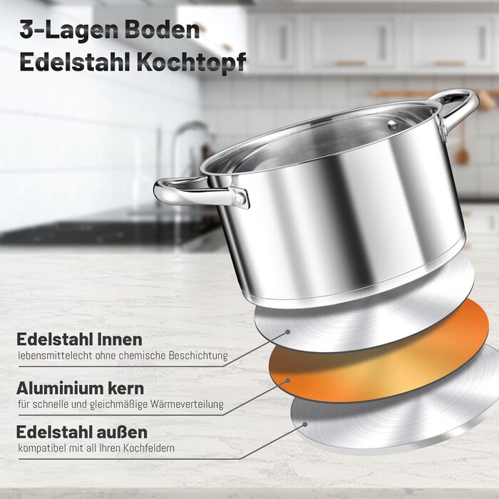 Велика каструля TEAMFAR, каструля з нержавіючої сталі, індукційна каструля, скляна кришка, 3-шарове дно для всіх типів плит, каструля для пасти 26 см, каструля для м&39яса, без покриття та нетоксична, можна мити в посудомийній машині (4,7 літра)