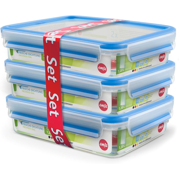 Набір контейнерів для зберігання продуктів EMSA Clip & Close, прямокутні, 5 контейнерів для зберігання x 0,8 л, 100 герметичні, придатні для миття в посудомийній машині, морозильної камери та мікрохвильової печі, прозорі, сині, зроблені в Німеччині, N1030