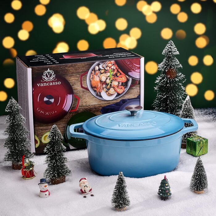 Чавунна овальна емальована каструля 6 л з кришкою, 30 x 13 см, синій vancasso