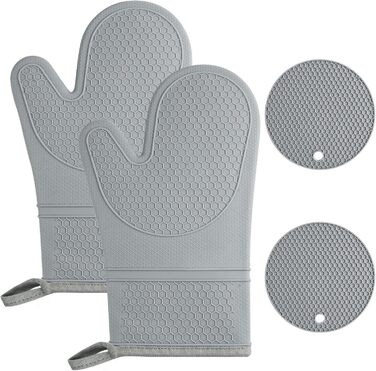 Набір рукавичок для духовки AUAUY, 1 пара силіконових рукавичок для духовки з 2 тримачами для каструль, нековзні кулінарні рукавички, термостійкі рукавички для духовки, рукавички для кухні, приготування їжі, випічки, гриля, барбекю (сірі)