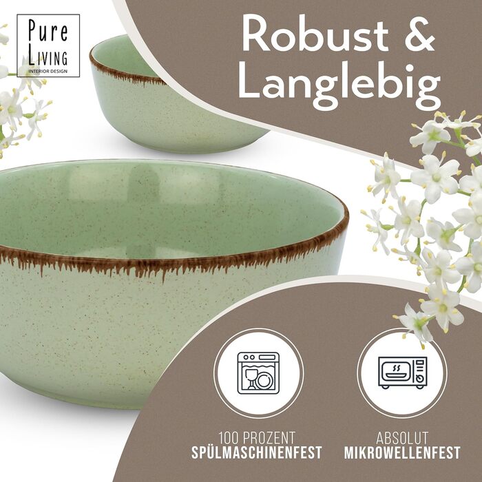 Набір посуду з керамограніту 6 персон Рустик 24 шт. - Набір посуду в сільському стилі, можна мити в посудомийній машині - Набір мисок і тарілок - Чистий живий посуд (набір 36 предметів, м'ятно-зелений)