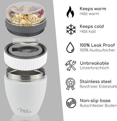 Стаканчик для пластівців Milu 400 мл з назвою MsliMax для йогурту герметичний стаканчик з ложкою (білий, нержавіюча сталь)