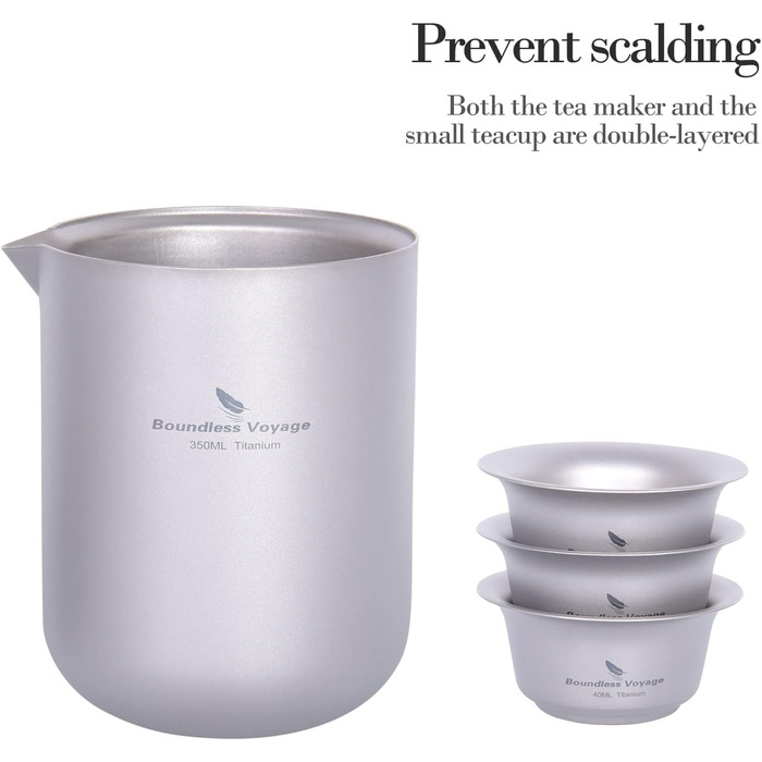 Чай iBasingo для одного набору Титановий чайник для подорожей на відкритому повітрі зі вставкою Кемпінг Портативний китайський чайний набір кунг-фу Двошарова чайниця з ситечком для чаю та 3 міні-чашки 40 мл Ti3105D (заварник Ti3104d з фільтром і 3 чашками