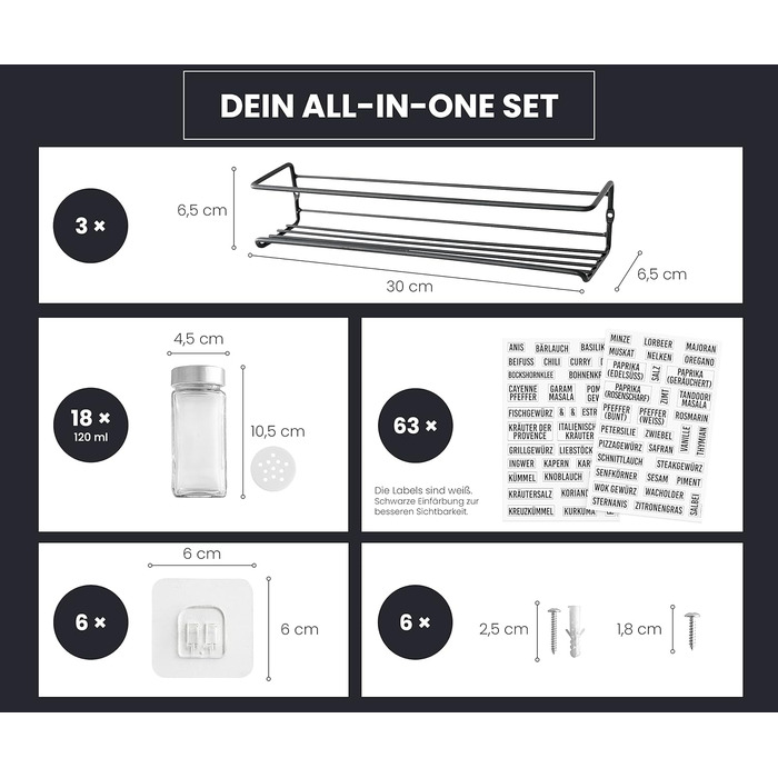Набір з 18 баночок для спецій з настінними полицями DEKOFY