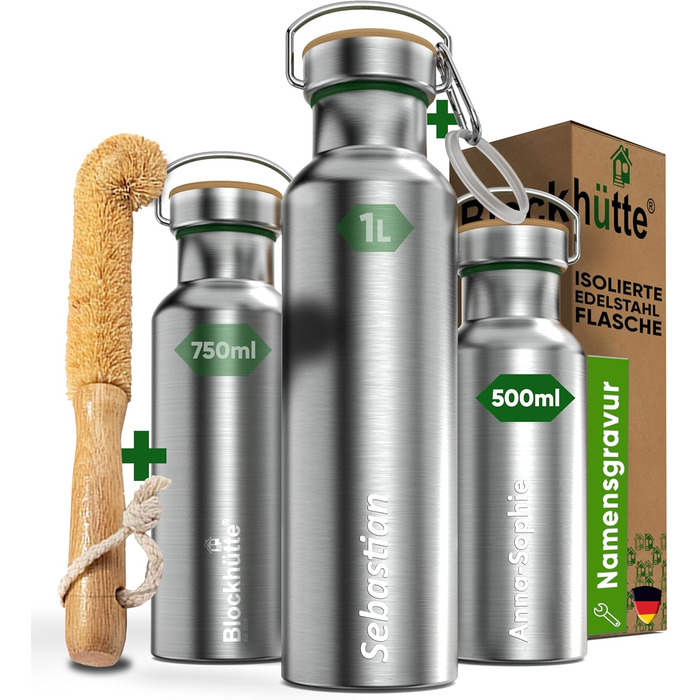 Ізольована пляшка для пиття преміум-класу з нержавіючої сталі 1л з натуральною щетиною Герметична ізольована пляшка Ізольована пляшка для університету, офісу, яку можна мити в посудомийній машині Без BPA (500 мл)