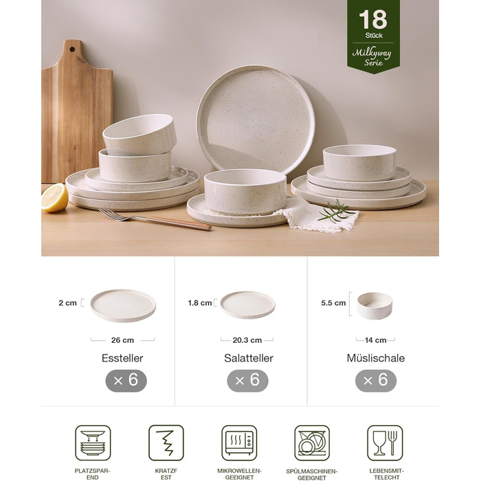 Набір посуду Richmount Nebula для 6 осіб, набір тарілок та мисок із 18 предметів, набір посуду з крапчастої кераміки, можна мити в мікрохвильовій печі та посудомийній машині, сервіз Nebula для 6 осіб (кремово-білі цятки, сервіз Nebula для 6 осіб)