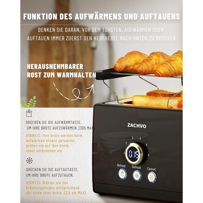 Тостер на 2 скибочки, тостер ZACHVO з підігрівом булочок, 6 рівнів підрум&39янювання, 850 Вт, знімний піддон для крихт, світлодіодний екран, високий підйом, розігрів, розморожування, функція скасування