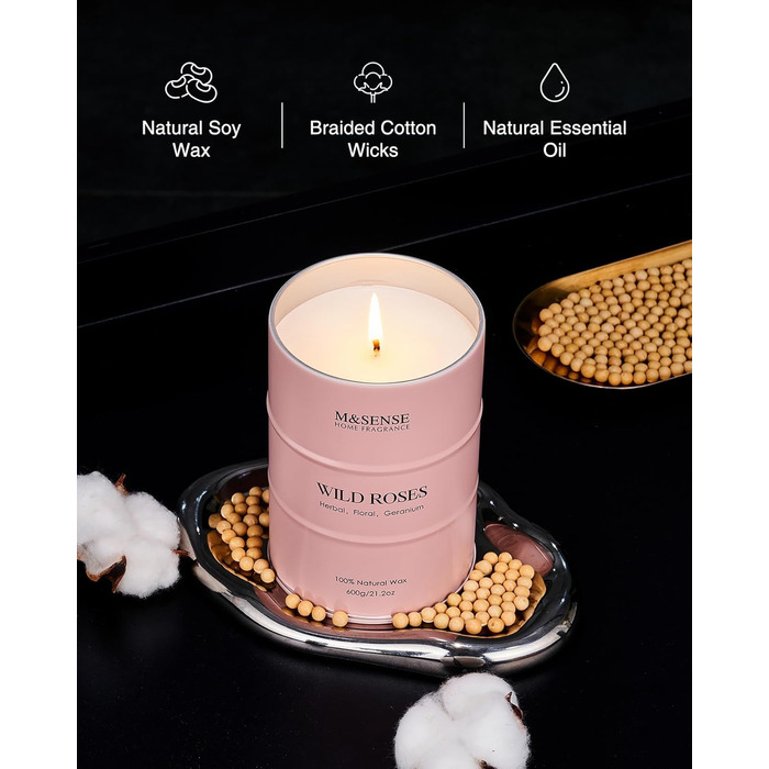 Ароматичні свічки M&SENSE з натурального соєвого воску, натуральна соєва свічка для домашнього декору, тривалий час горіння до 70 годин, класні подарунки-свічки для чоловіків та жінок (600 г, дикі троянди)
