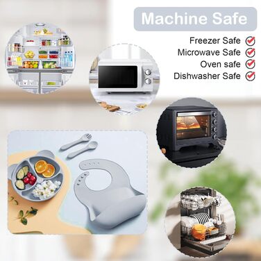 Силіконовий набір дитячого столового посуду Bizcasa з 9 предметів, нековзкий набір дитячого столового посуду, дитячий столовий посуд із присоскою, нековзна дитяча миска, дитяча тарілка, дитячий набір столових приборів для малюків, без BPA (сірий)